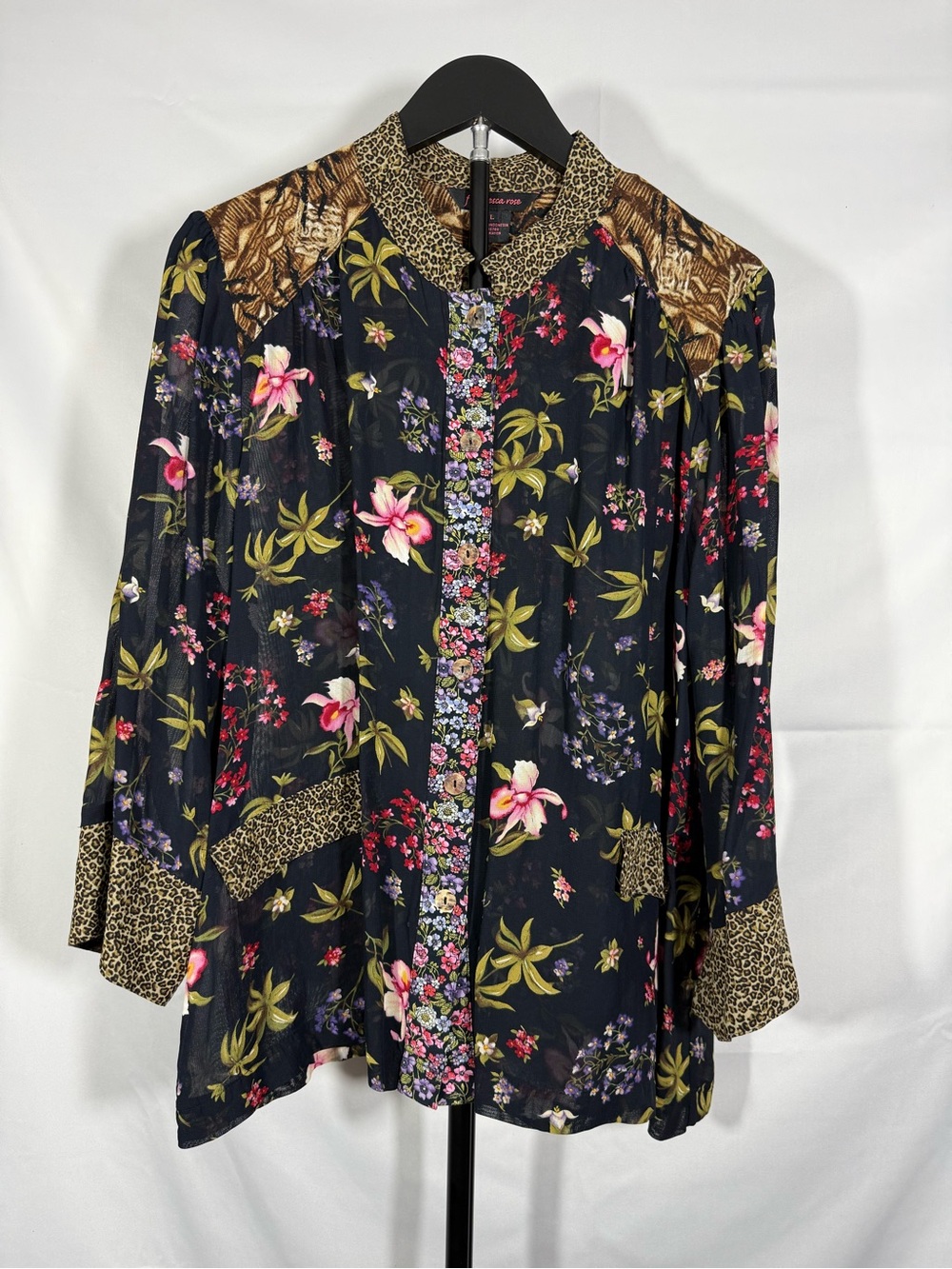 Francesca Rose L Floral Leopard Print Sheer Rayon Button Up Blouse